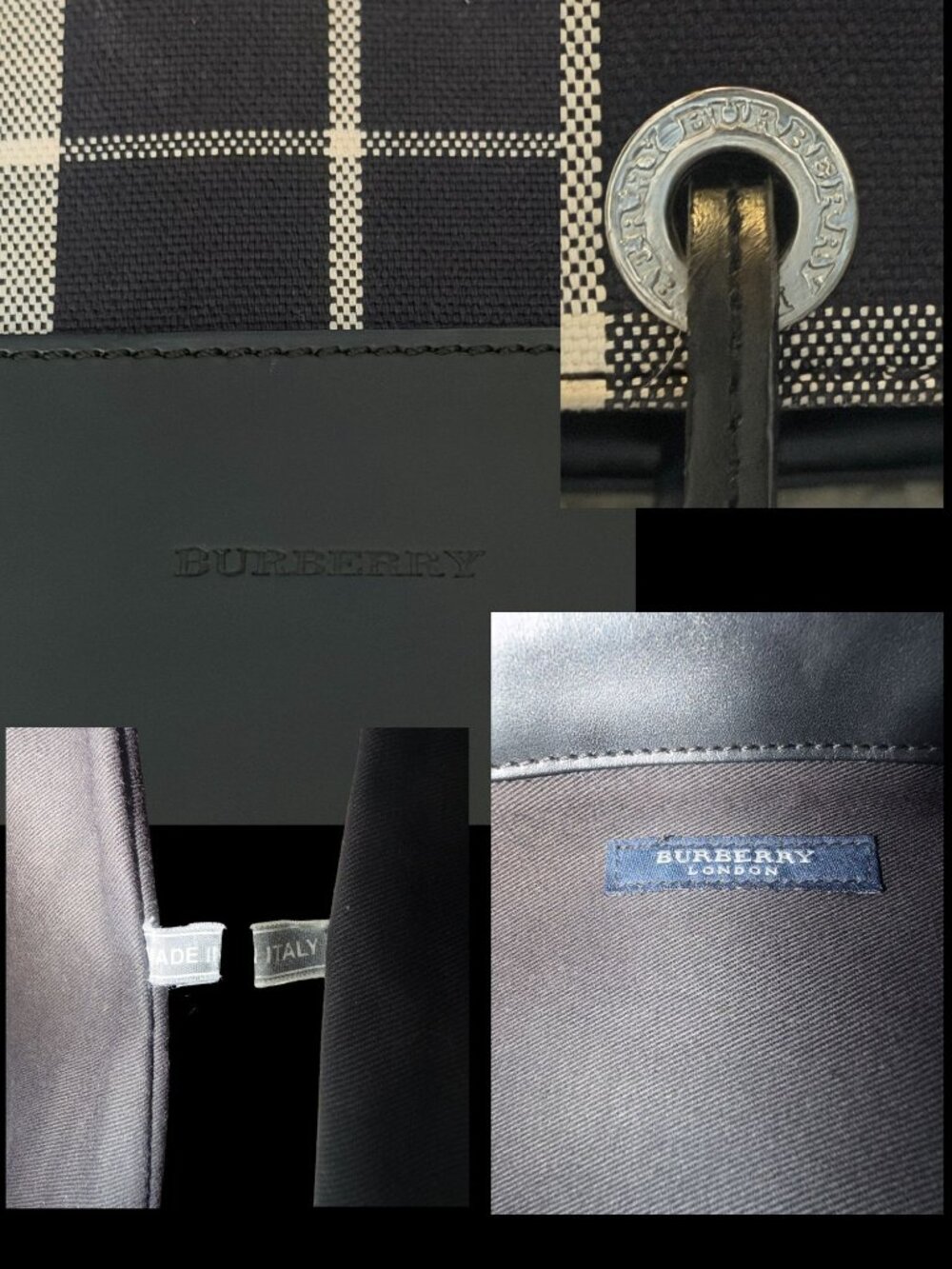 VTG Burberry Nova Check Tote XL Black Leather Cotton Canvas Open Top Bag Italy - Picture 9 of 10